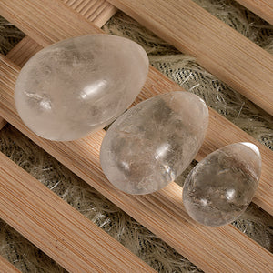 Drilled Clear Quartz Crystal Yoni Egg Set, 3 Pieces