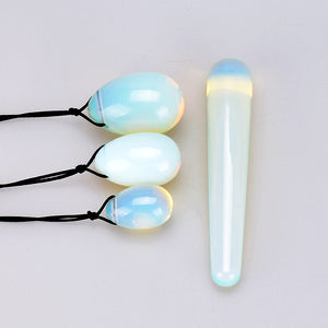 Drilled Opalite Yoni Egg Set, 3 Pieces with Wand