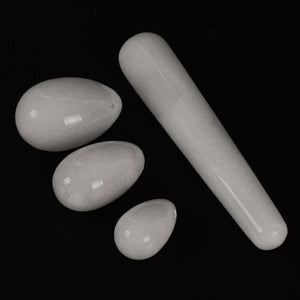 Drilled White Jade Yoni Egg Set, 3 Pieces with Wand