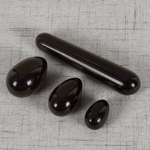 Drilled Black Obsidian Yoni Egg Set with Wand, 3 Pieces