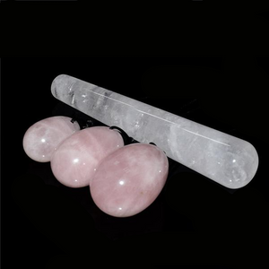 Drilled Rose Quartz Yoni Egg Set, 3 pieces with wand