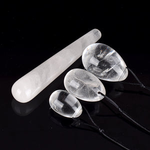 Crystal Clear Quartz Yoni Egg Set with wand, 3 pieces