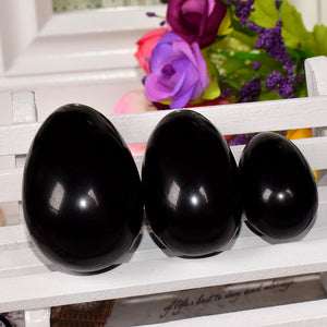 Drilled Elegant Black Obsidian Yoni Egg Set, 3 Pieces