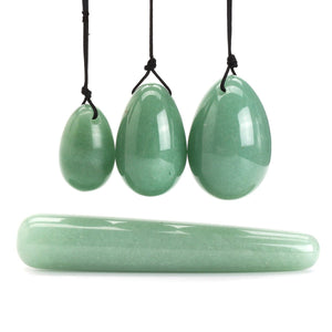Drilled Green Aventurine Crystal Yoni Egg Set, 3 Pieces with Wand
