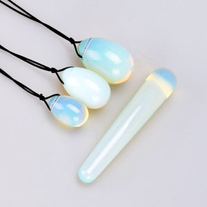 Drilled Opalite Yoni Egg Set, 3 Pieces with Wand