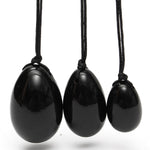 Drilled Black Obsidian Yoni Egg Set, 3 Pieces with string