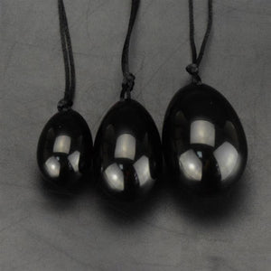 Drilled Black Obsidian Yoni Egg Set, 3 Pieces with string