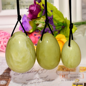 Drilled Natural Green Nephrite Yoni Egg Set, 3 pieces