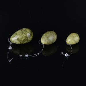 Drilled Natural Green Jade Yoni Egg Set, 3 pieces