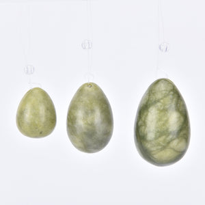 Drilled Natural Green Jade Yoni Egg Set, 3 pieces